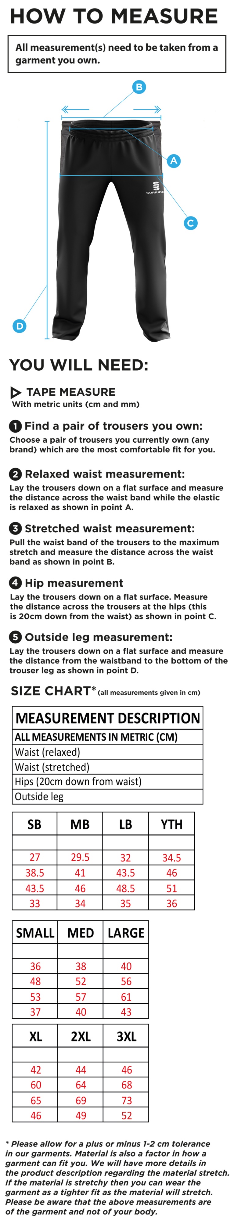 Lingfield CC - Rip Stop Track Pant - Size Guide
