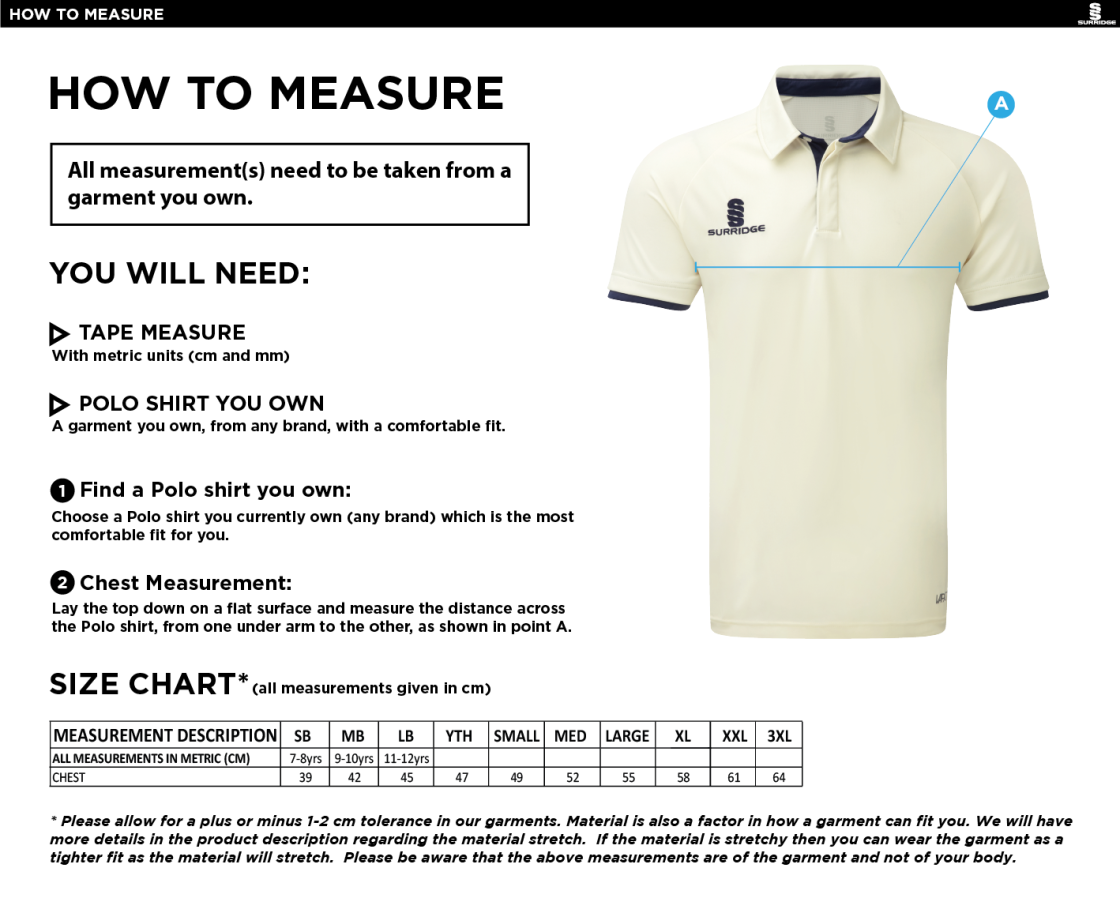 Lingfield CC - Ergo Short Sleeve Cricket Shirt - Size Guide