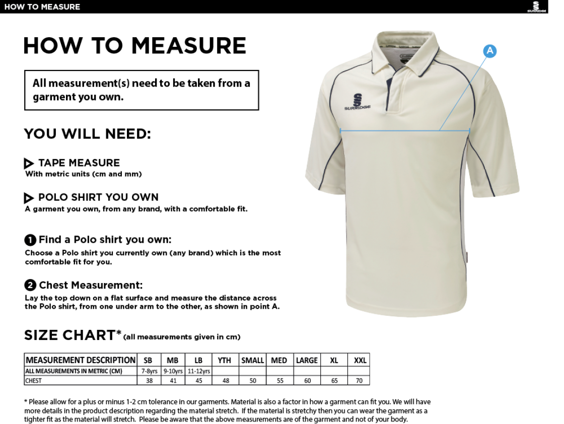 Lingfield CC - Premier Short Sleeve Cricket Shirt - Size Guide