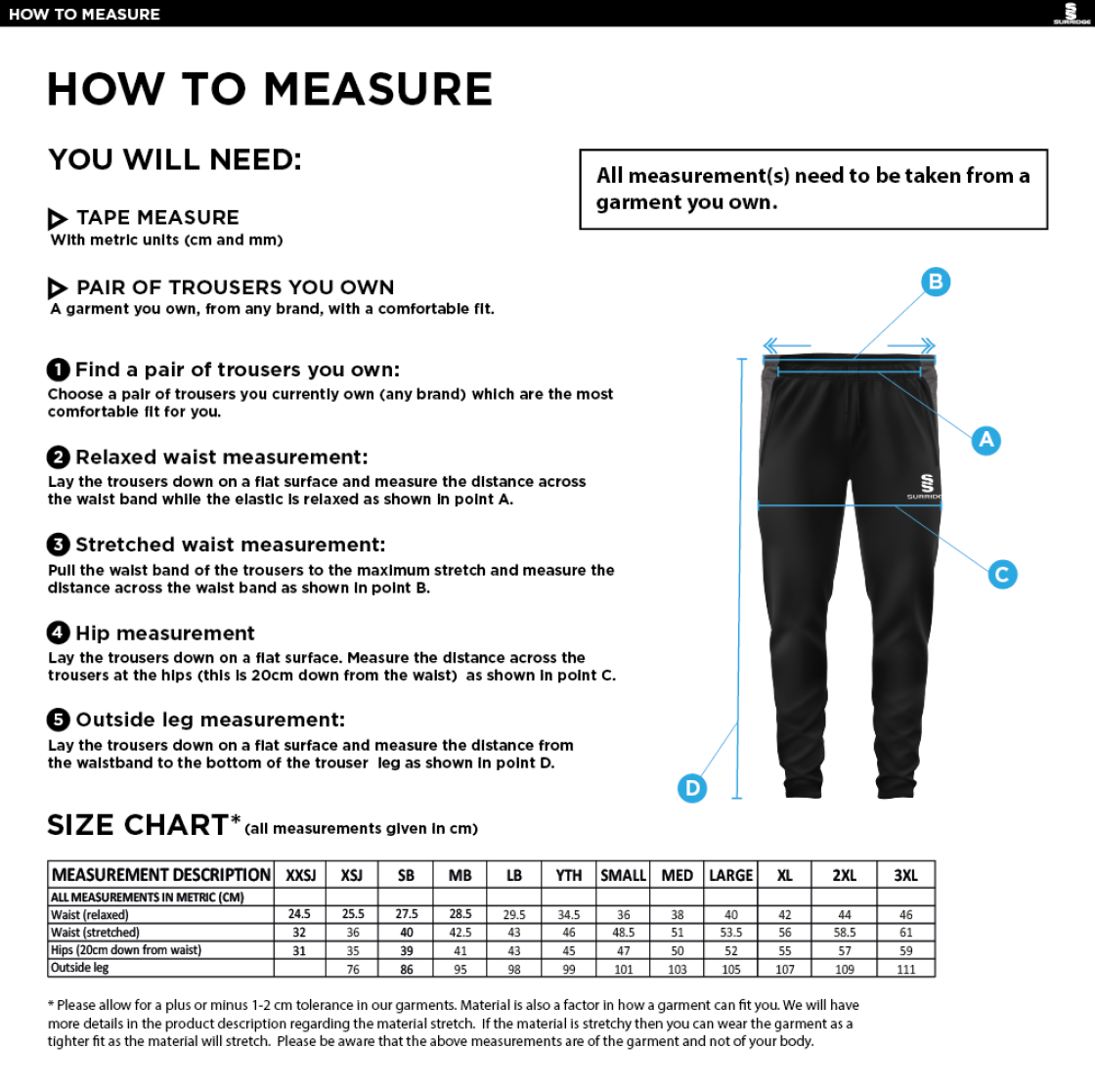 Lingfield CC - Tek Slim Training Pants - Size Guide