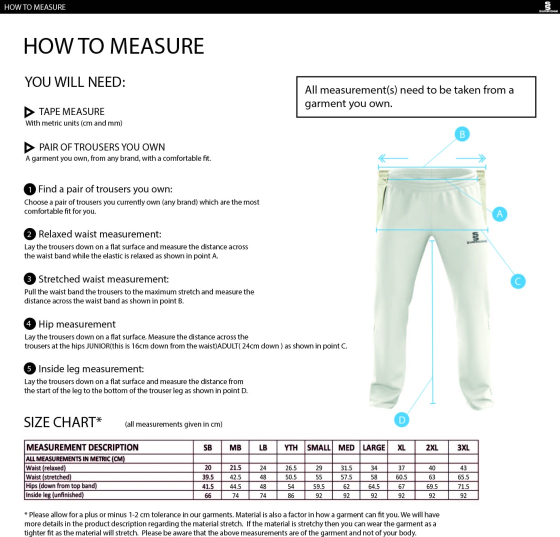 Lingfield CC - Standard Playing Pant - Size Guide