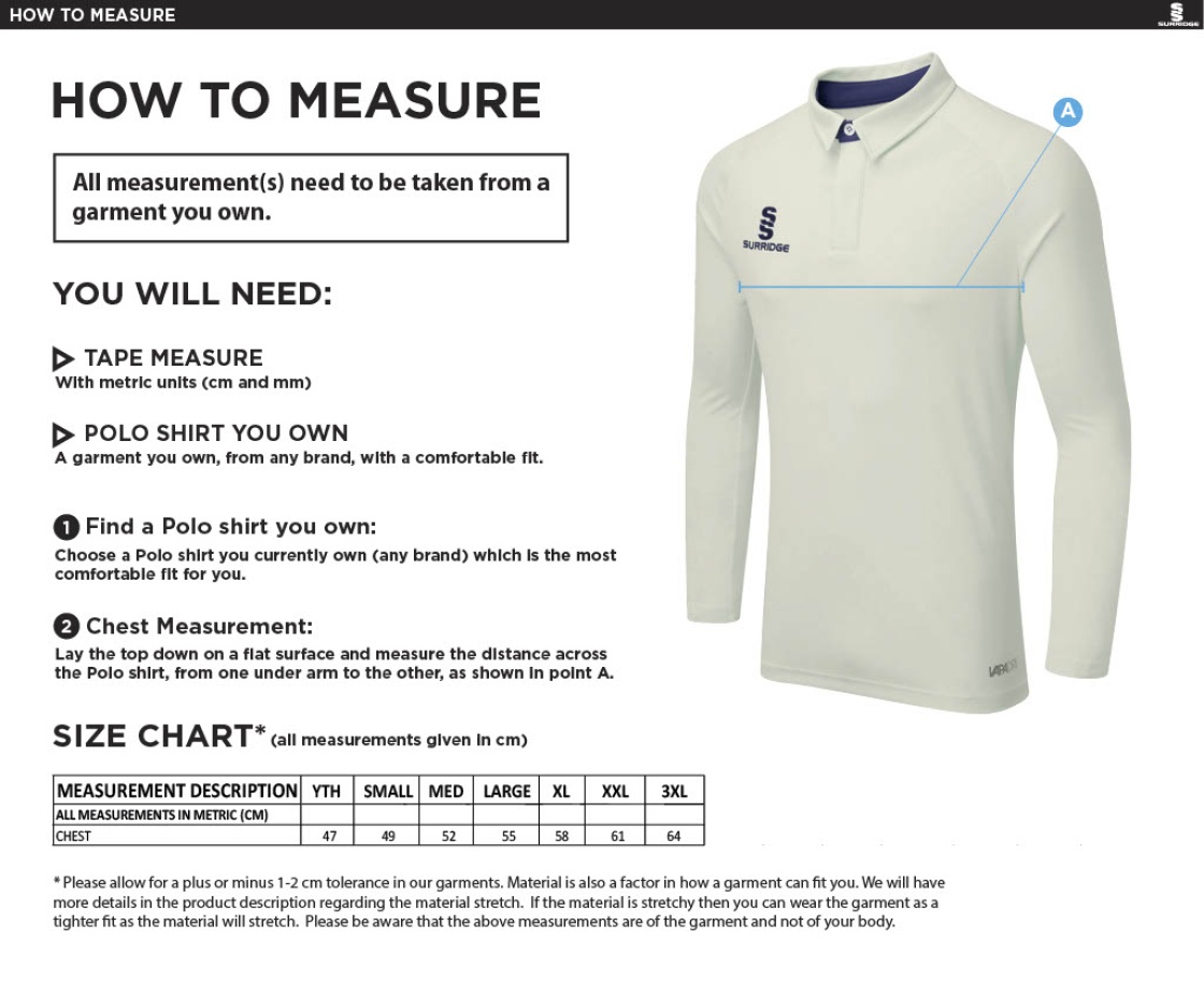 Lingfield CC - Ergo Long Sleeve Cricket Shirt - Size Guide