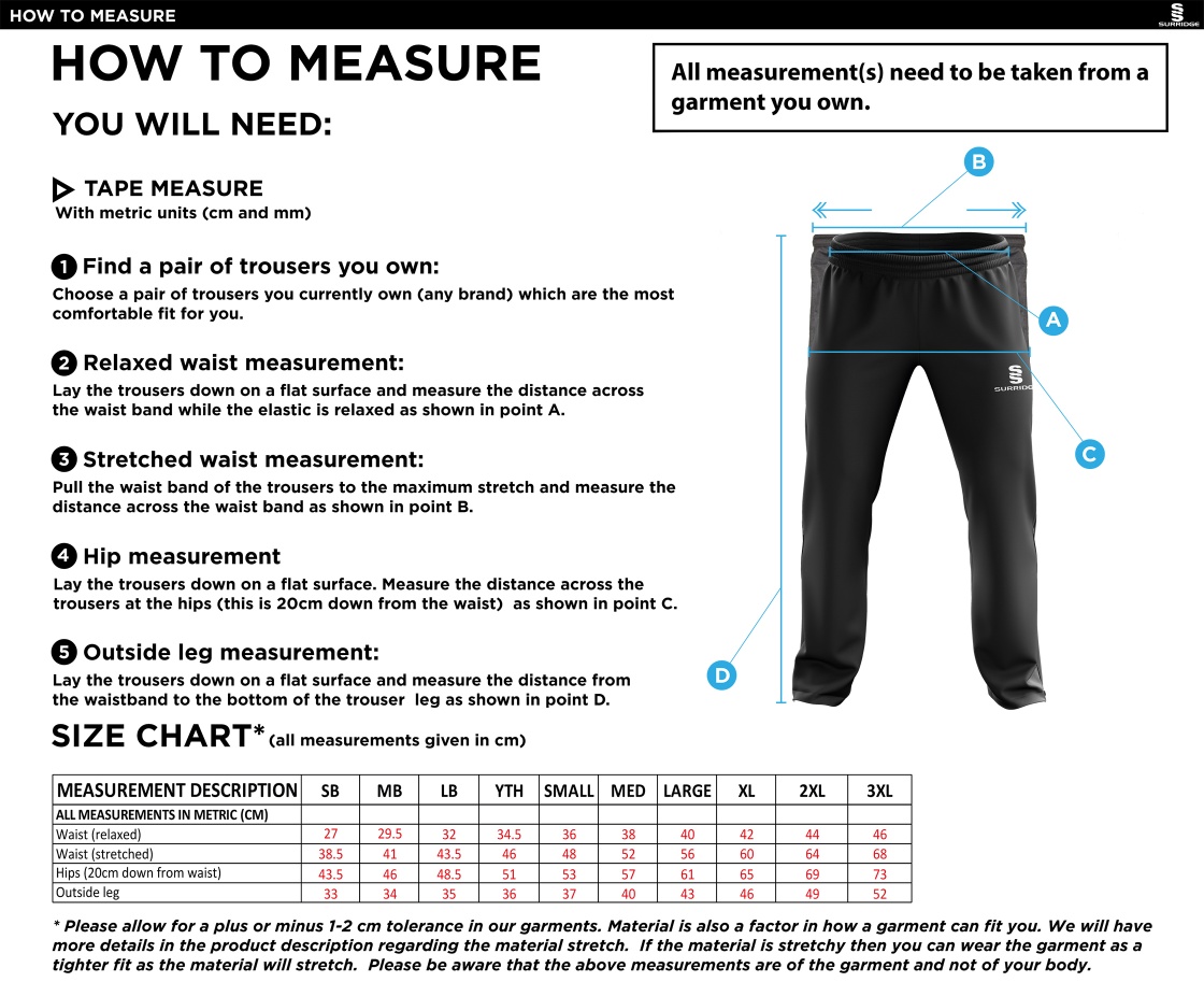Lingfield CC - Rip Stop Track Pant - Size Guide