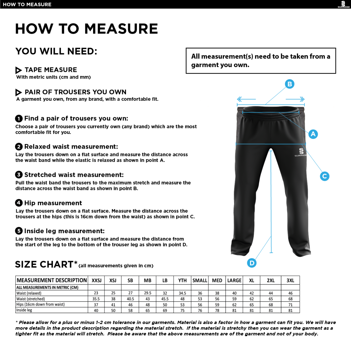 Lingfield CC - Poplin Track Pant - Size Guide
