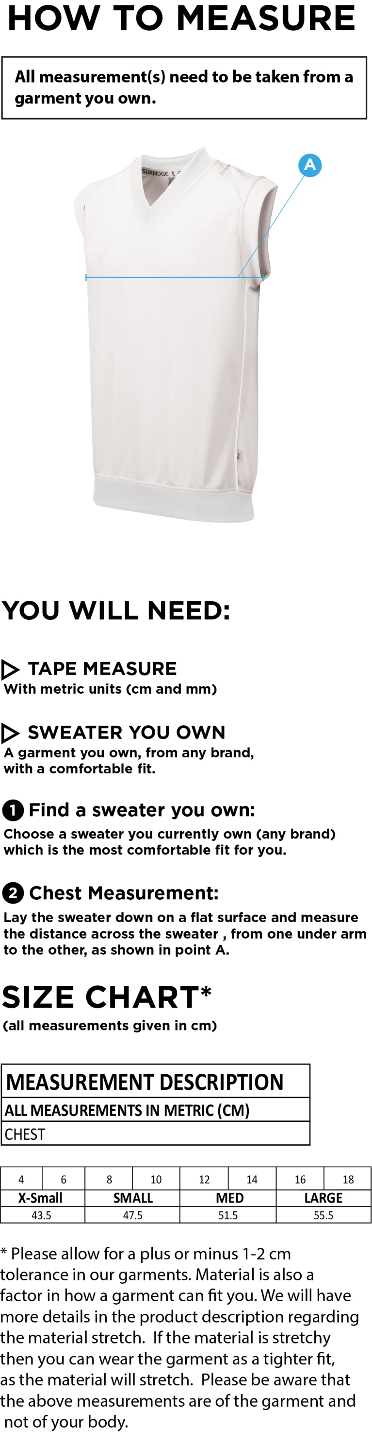 Blast Sleeveless Cricket Sweater - Size Guide