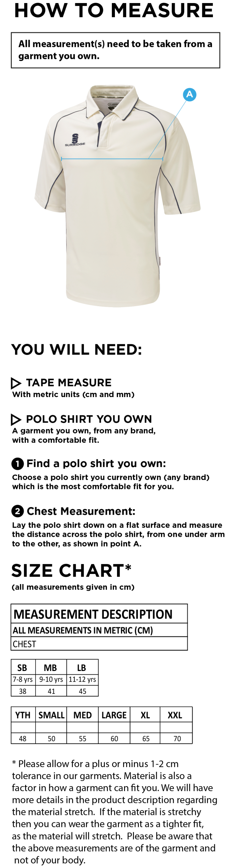 Lingfield CC - Premier Short Sleeve Cricket Shirt - Size Guide