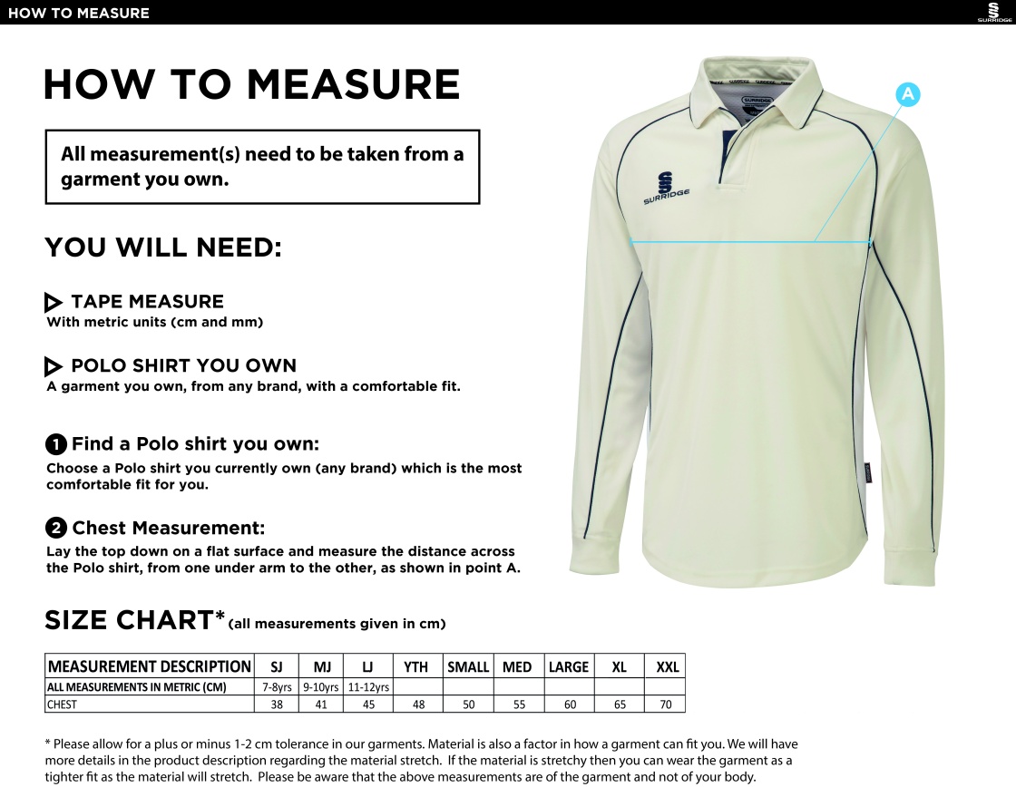 Lingfield CC - Long Sleeve Shirt - Size Guide